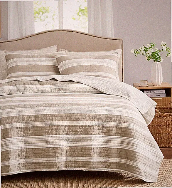 100% Cotton Quilt King Size, Reversible Beige n White Striped Patchwork Beddi...
