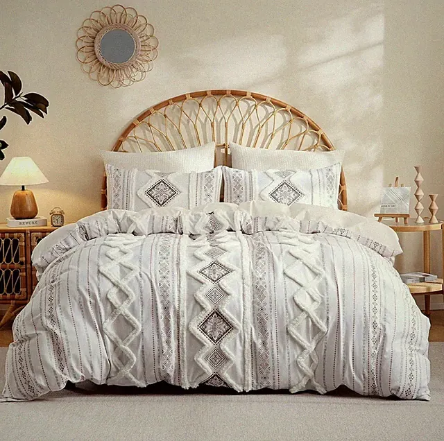 100% Cotton Tufted Geometric King Duvet Cover Set, 2 Pillowcases