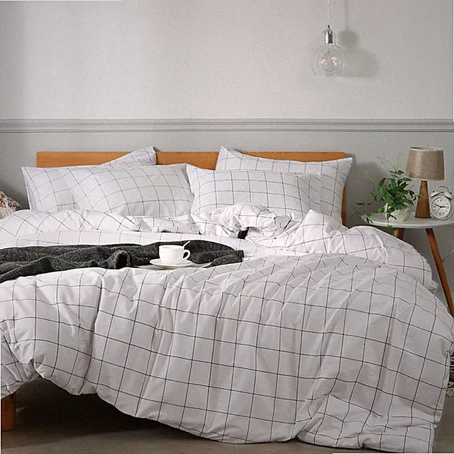 100% Natural Cotton 3pcs Plaid Duvet Cover Sets,White with Black Grid Geometric