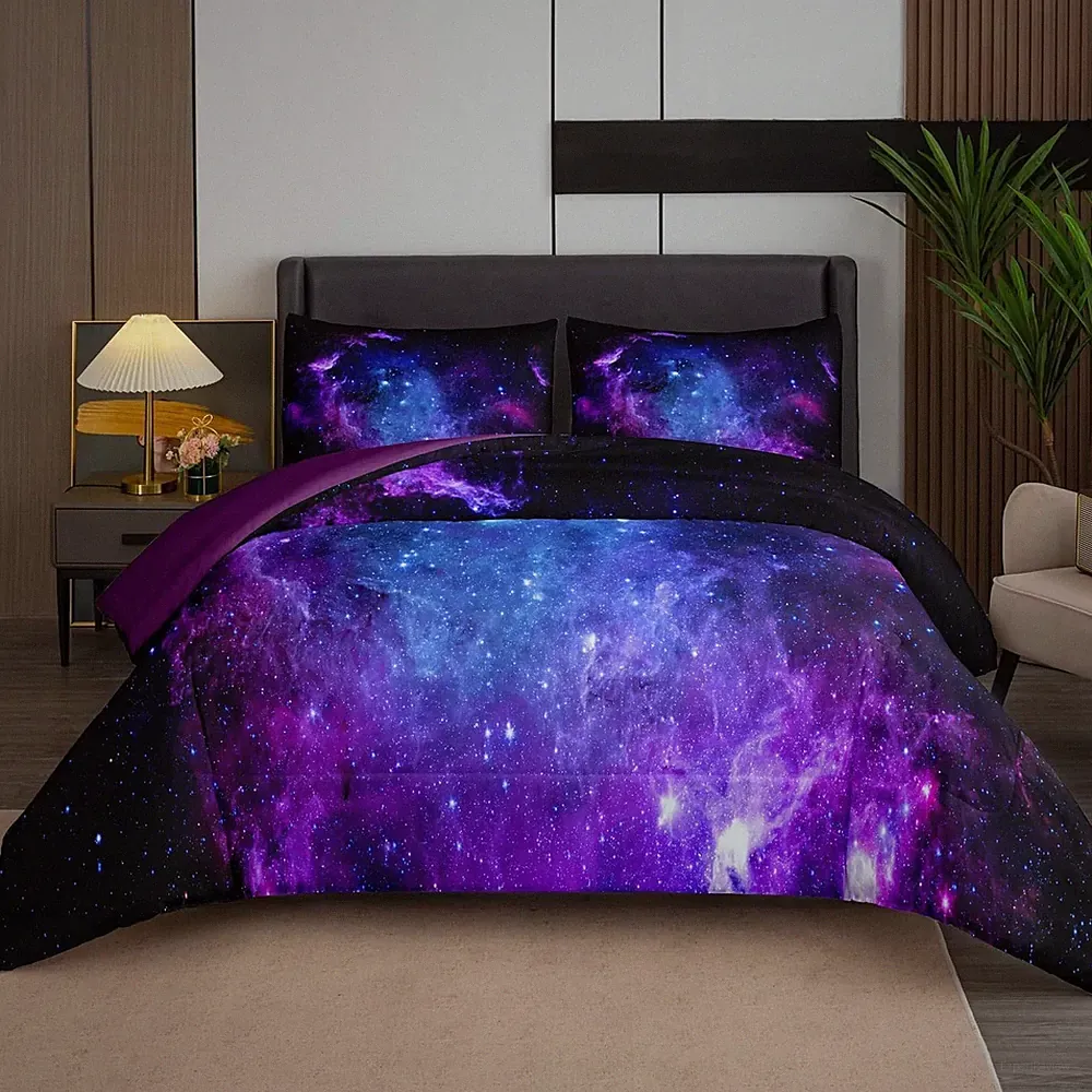 5PC Galaxy Comforter Set for Girls - Queen Size Purple Space Bedding