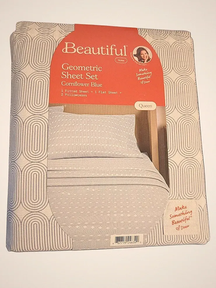 Beautiful Cornflower Blue Geo 4‑Piece Cotton Percale Queen Sheet Set