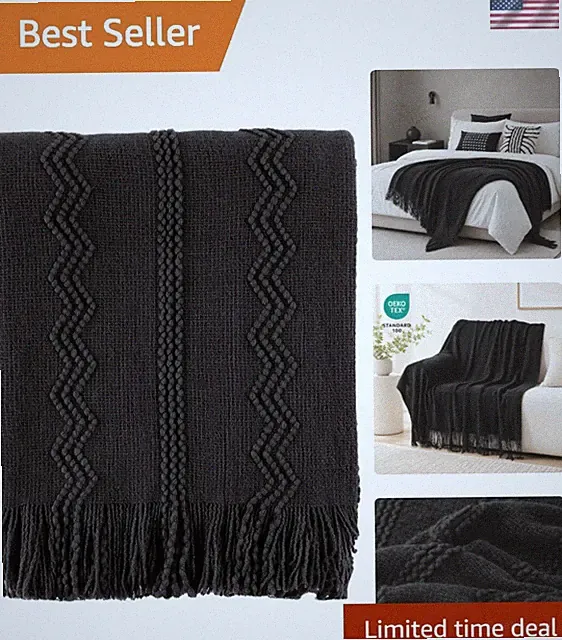 Black Throw Blanket 50x60 Fringed Knit Bed Couch Decor for Home Modern