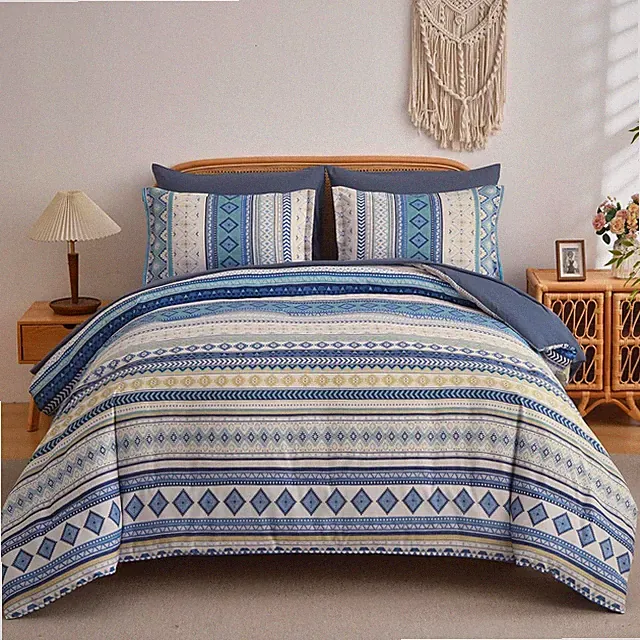 Blue Boho Style Striped Comforter Set 7 Pieces, Queen Size Aztec Bed in a Bag, A