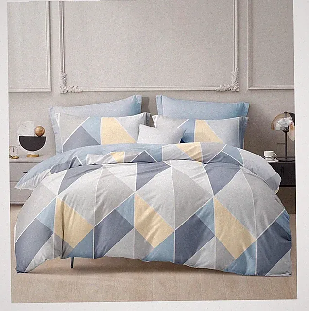 Blue Gray Geometric Duvet Cover Set King Size 100% Cotton With 2 Pillow Shams