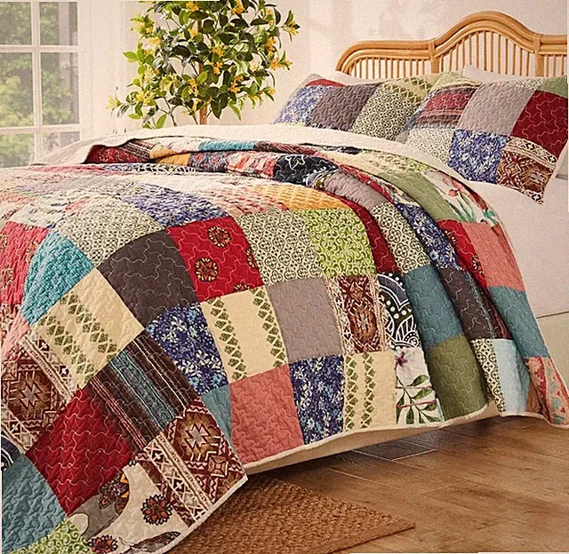 BOHO FARMHOUSE 3p Queen QUILT SET : RENEE COTTON PATCHWORK RED BLUE COUNTRY