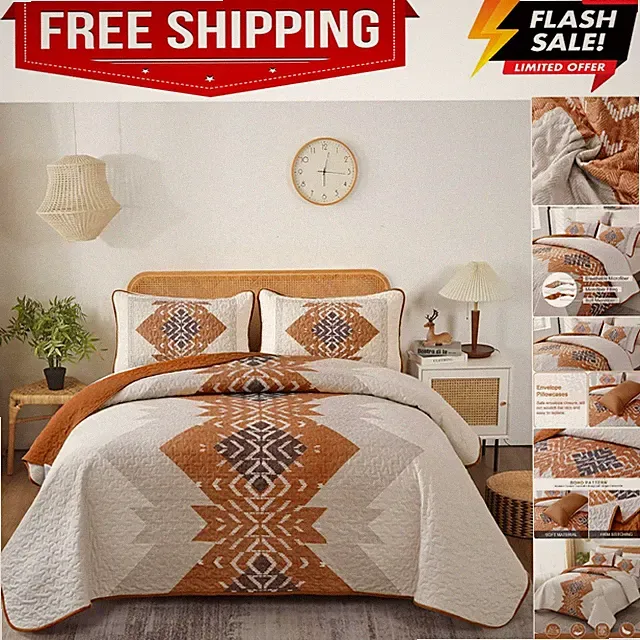 Boho Queen Quilt Set 3 Pieces Aztec Texture Bedspread Coverlet Set Bohemian Q...