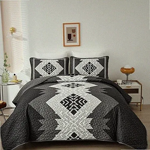 Boho Queen Quilt Set 3 Pieces Aztec Texture Bedspread Queen 90“×96” Black Grey
