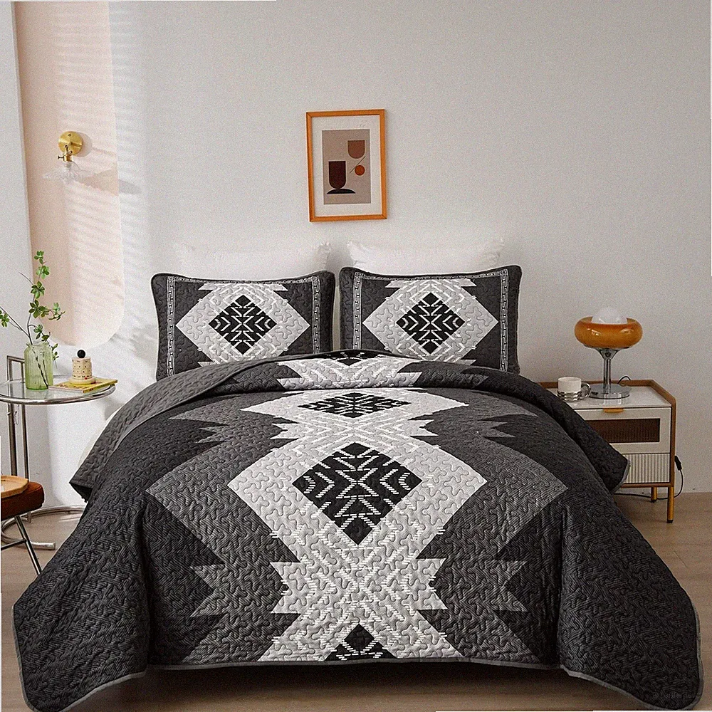 Boho Queen Quilt Set 3 Pieces Black Grey Aztec Texture Bedspread Coverlet Set...