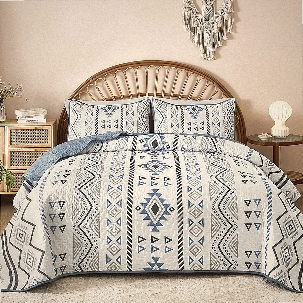 Boho Queen Size Aztec Quilt Set 3 Pieces Blue Ultra Soft Lightweight Quilt Be...