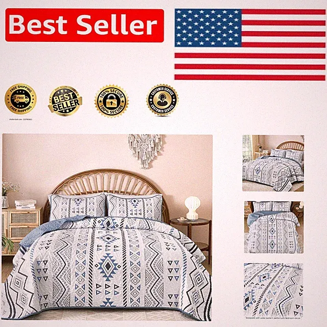 Boho Queen Size Aztec Quilt Set - 3 Pieces in Blue, Ultra Soft & Lightweight