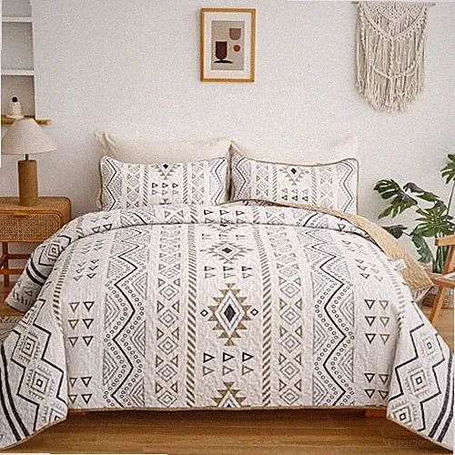 Boho Queen Size Aztec Quilt Set 3 Pieces Khaki Ultra Soft Lightweight Quilt