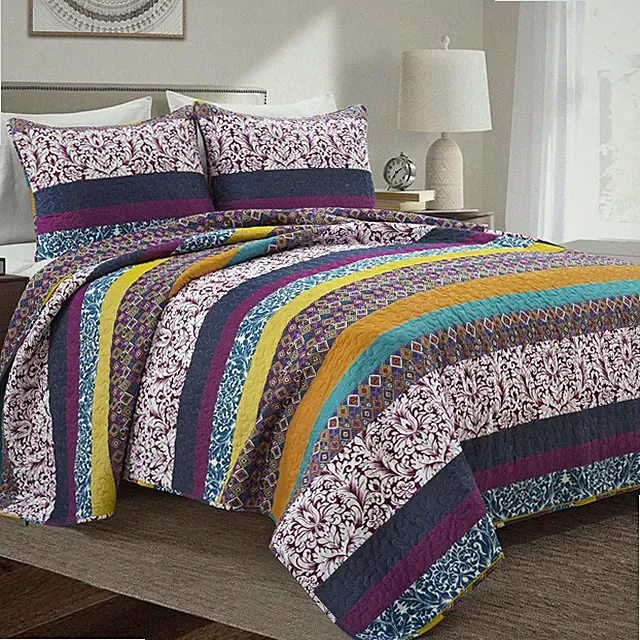 Boho Stripe Reversible Cotton Quilt 3-Piece Set, Full/ Queen, Plum & Yellow -...