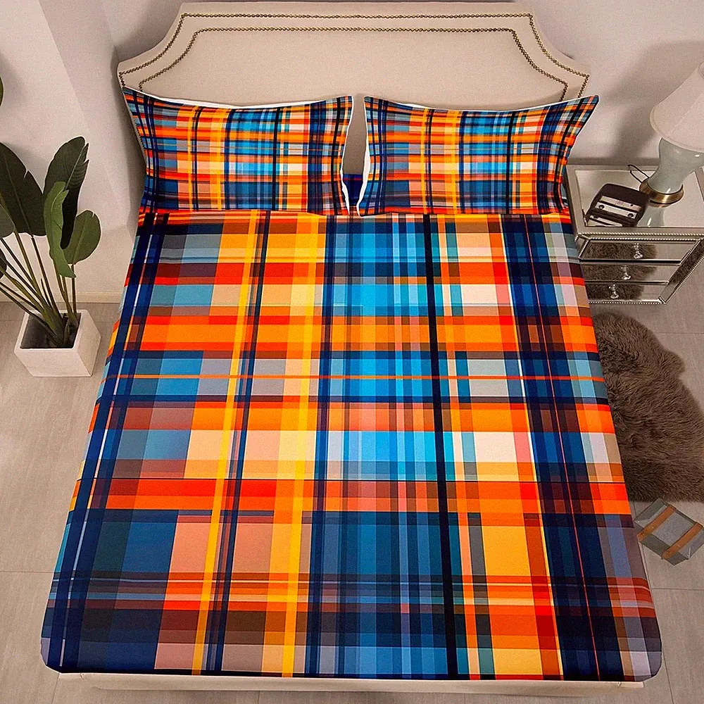 Boys Girls Plaid Fitted Queen Orange Blue Checkered Bed Sheets for Teens Buff...