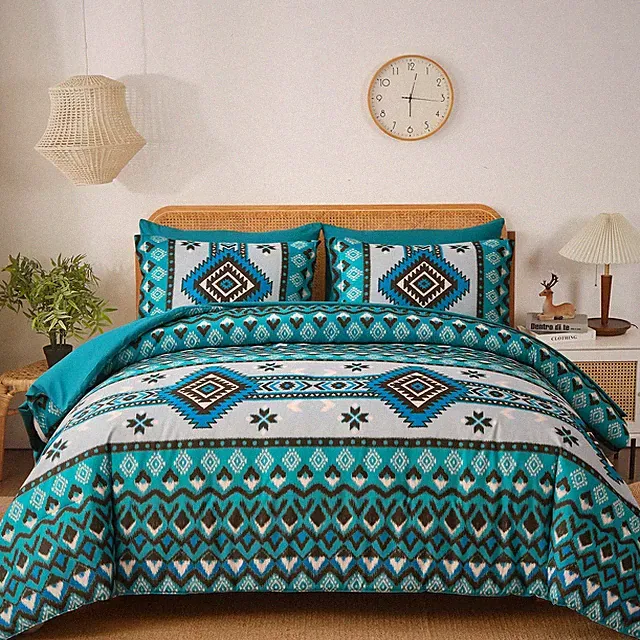 Comforter Set Queen Size 7 Pieces Teal Boho Aztec Bohemian Geometric Pattern