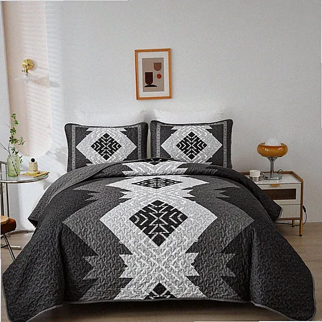 Dintszyayue Boho Queen Quilt Set 3 Pieces Black 90“×96”, Grey