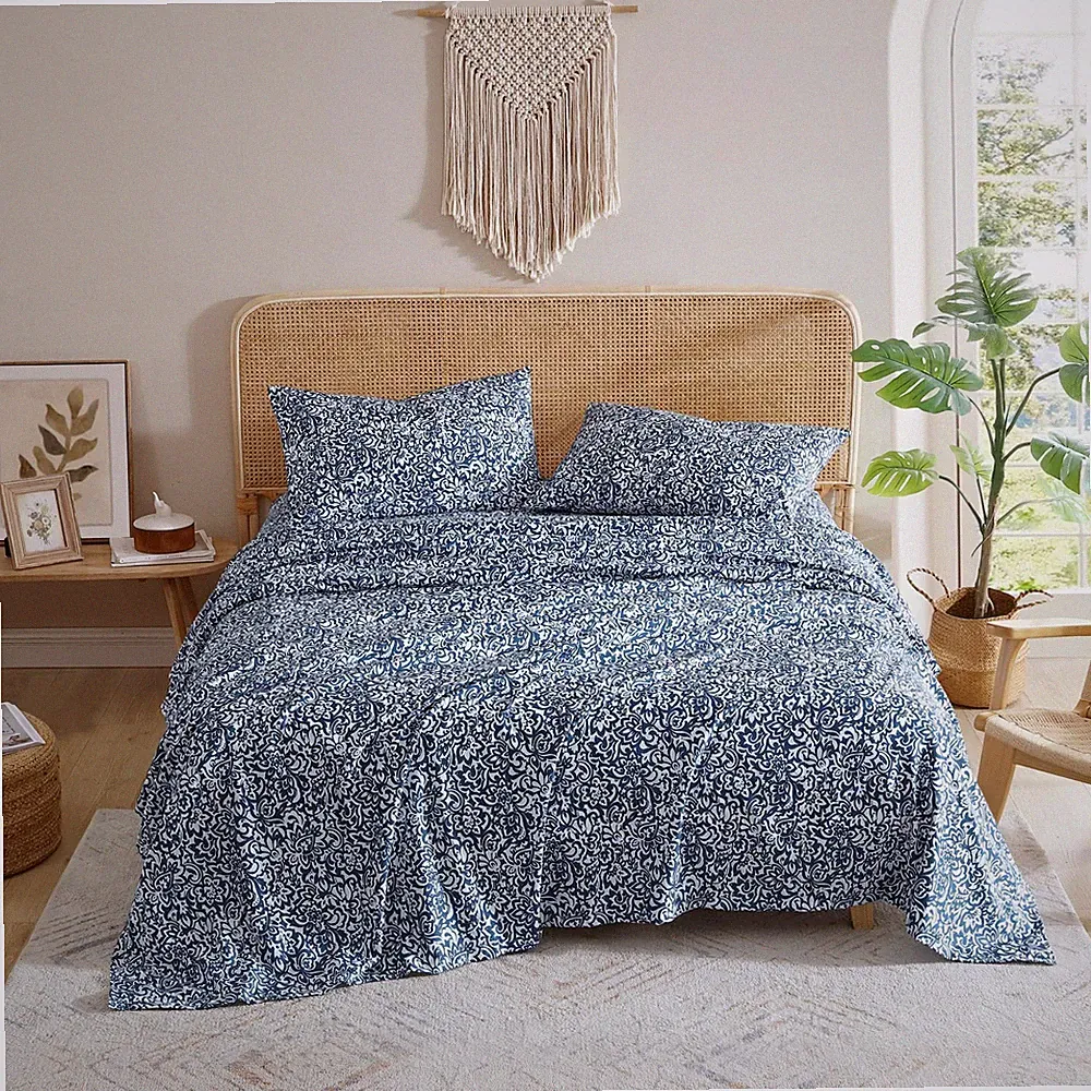 Full Size Sheet Set, 4-Piece Boho Floral Damask Patterned Bedding, Soft & R...