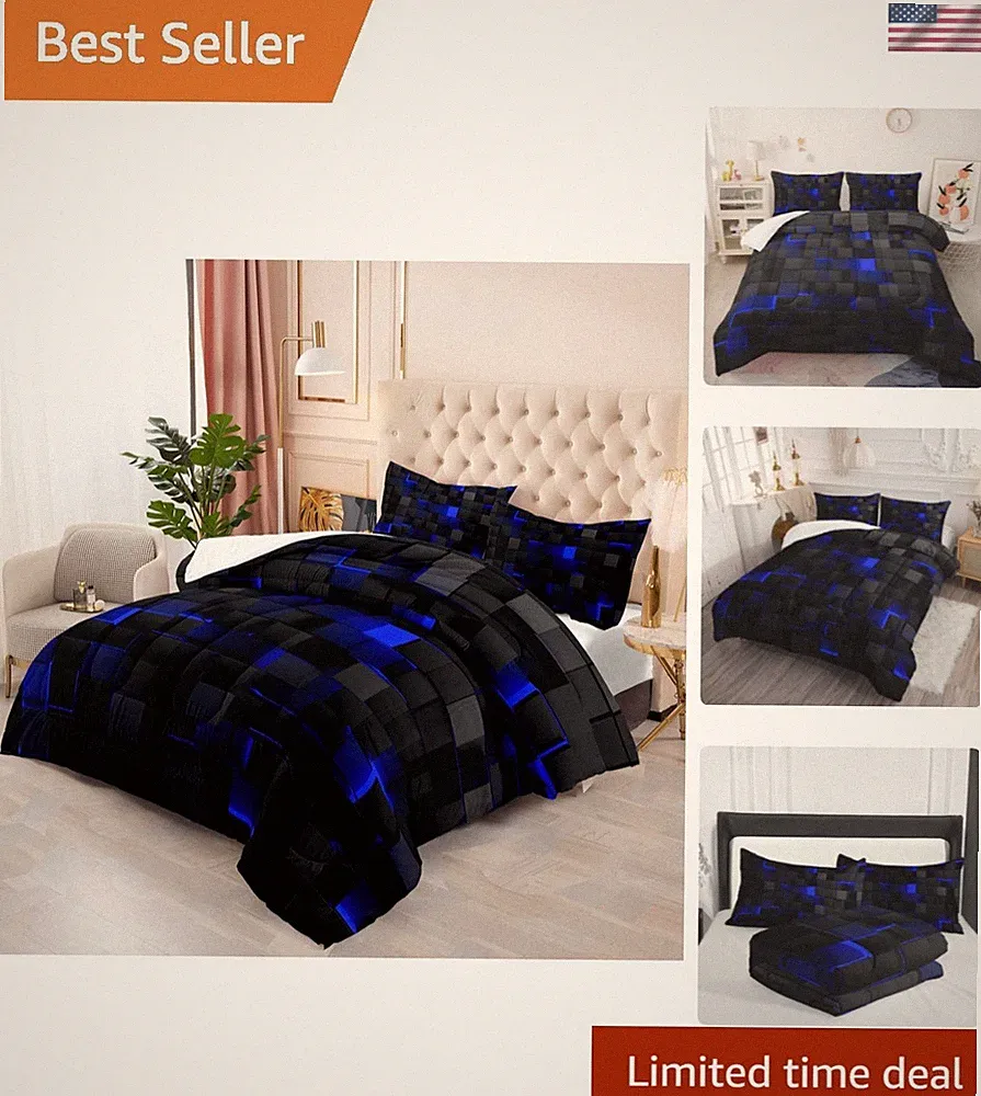 Geometric Blue Black Comforter Set,Light Honeycomb 3 Piece Bedding Set Queen...