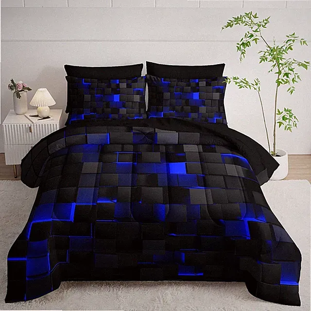 Geometric Blue Black King Comforter Set,Light Honeycomb Bedding Set 7 Piece in a