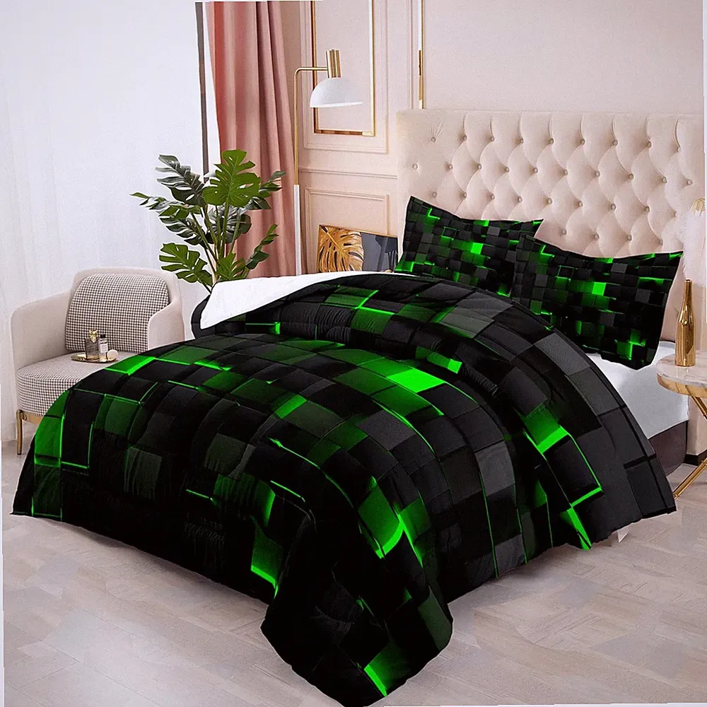 Geometric Green Black Comforter Set,Light Honeycomb 3 Piece Bedding Set Full Siz