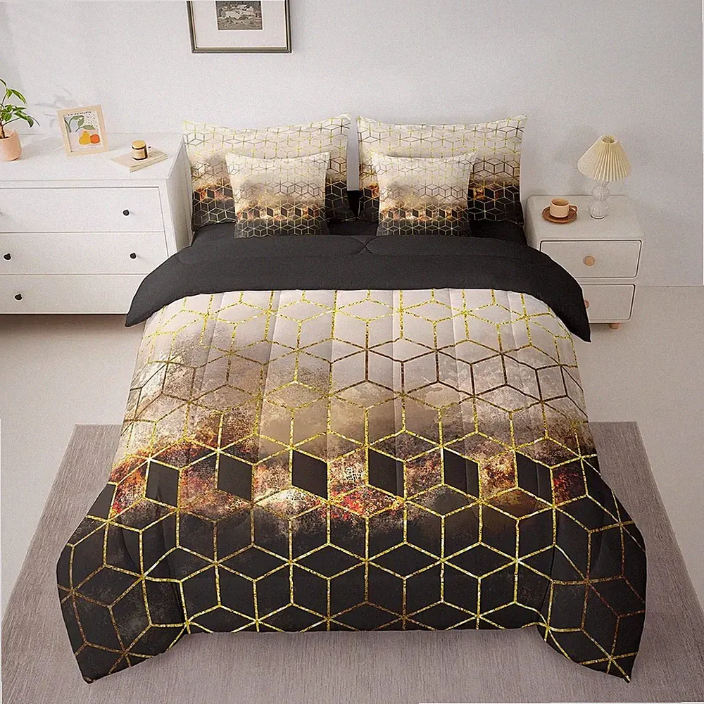 Gold Black Comforter Set with Sheets Full Size Geometric Luxury 7 Piece Bedding
