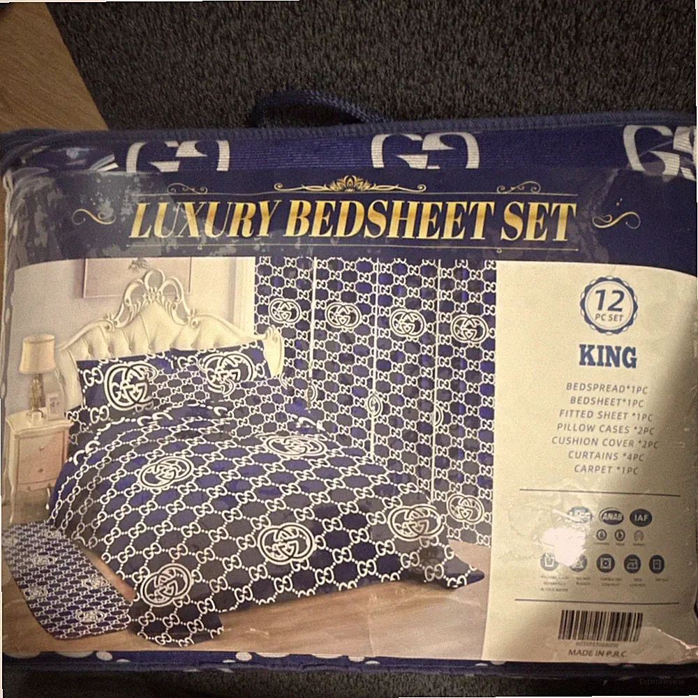 King 12-Piece Sheet Set Blue White Geometric Pattern with Pillowcases