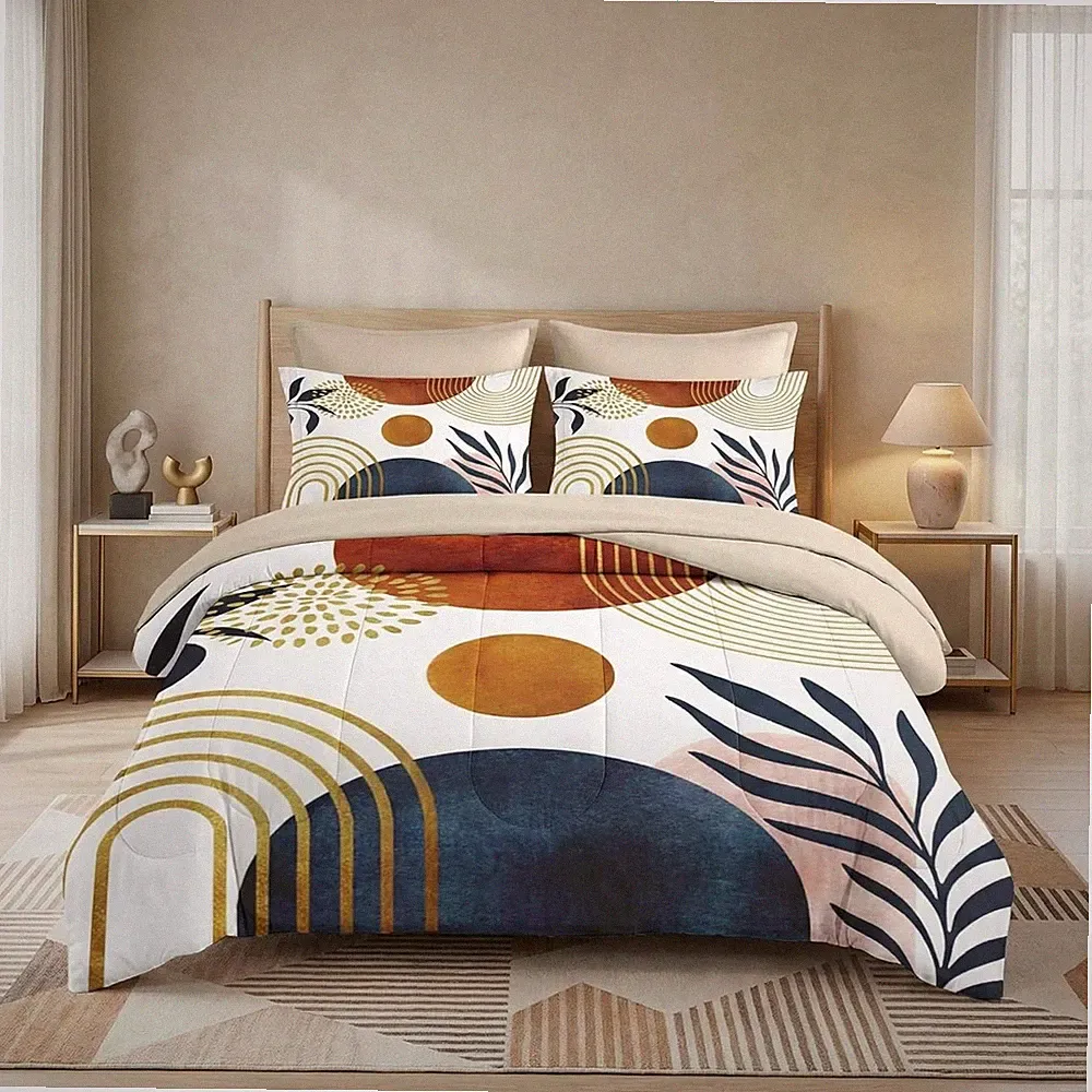 King Size Comforter Set 7 Piece Bedding with Shams Pillowcases Mid Century