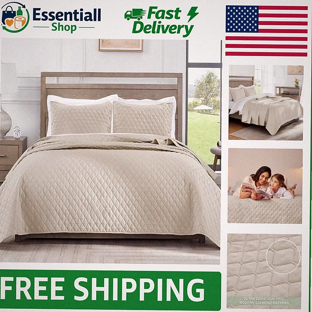 Lightweight King Size Quilt Bedding Set - Soft Geometric Design with Shams
