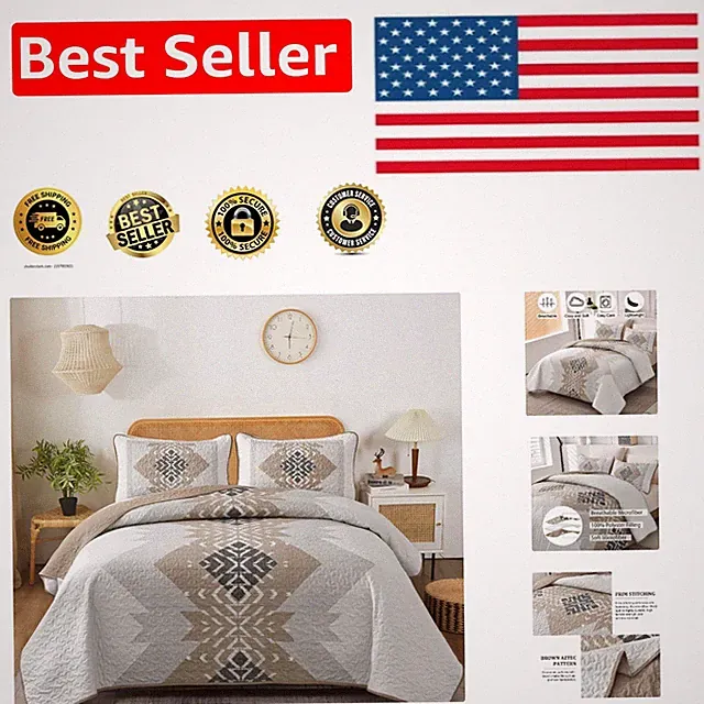 Luxurious Brown Boho Quilt Set, 3 Pieces Queen, Aztec Design - Comfort & Style