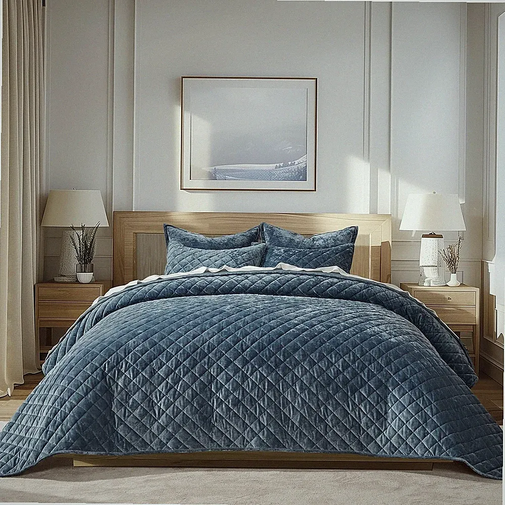 Luxury Velvet King Quilt Set, Soft Diamond Quilted Comforter, Stormy Blue