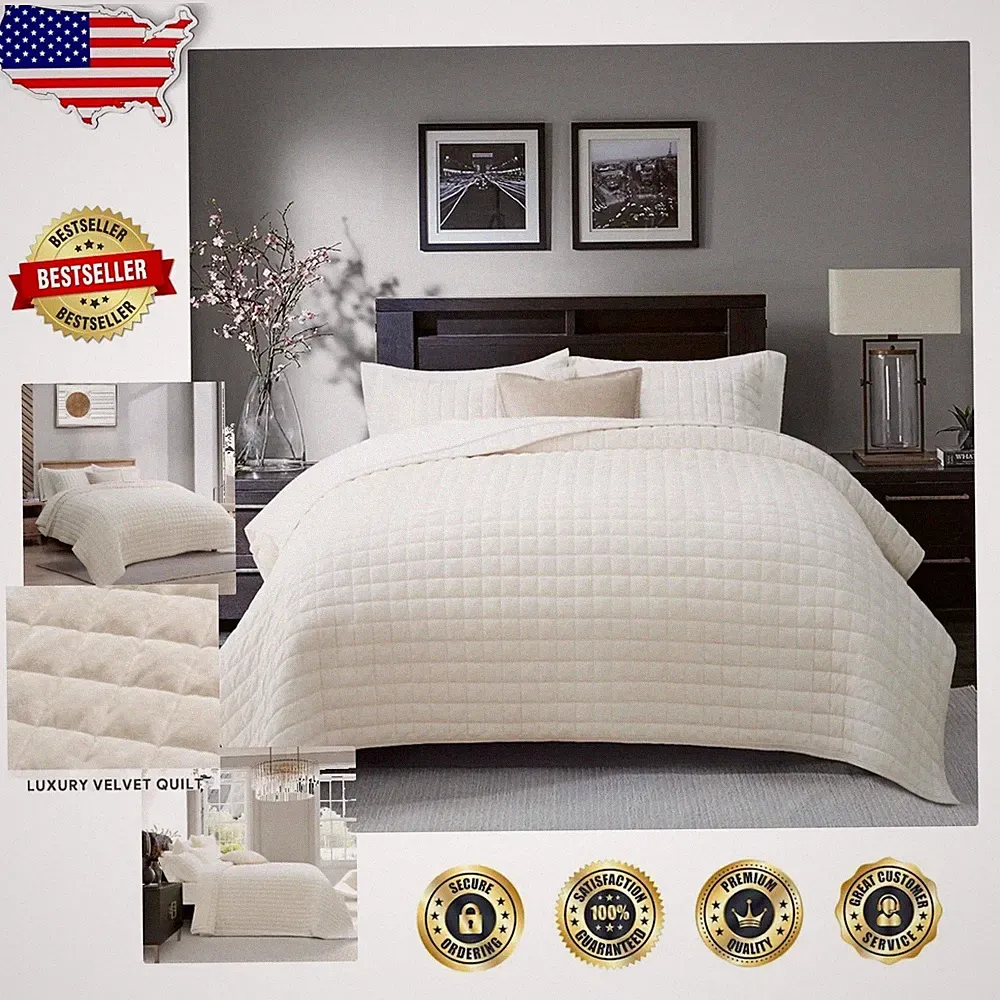 Luxury Velvet Quilt King Cream White Geometric 2pc Oversized Soft Bedding