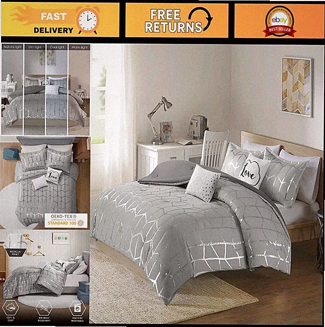 Modern Metallic Geometric Comforter Set - All Season Bedding, King/Cal King, 5 P