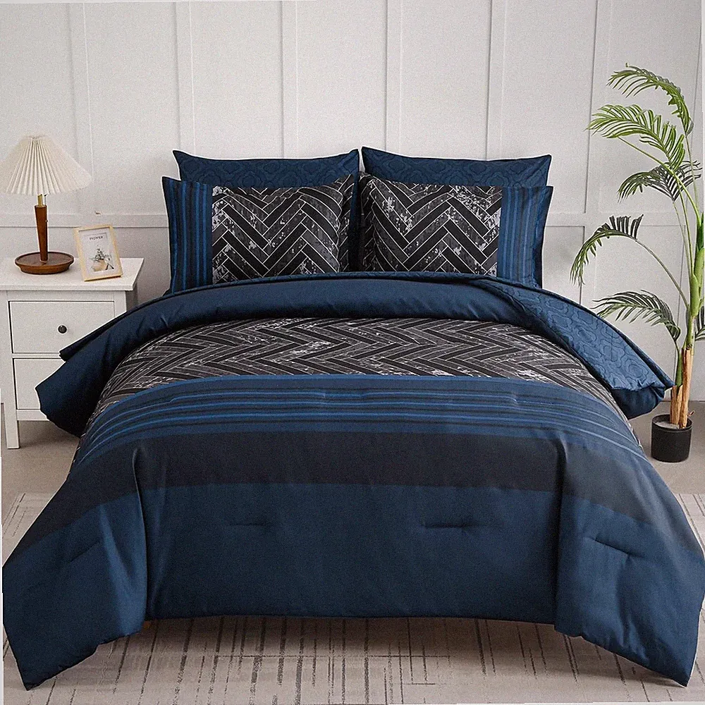 Navy Blue King Comforter Set, 7-Pc Stripe Geometric Bedding