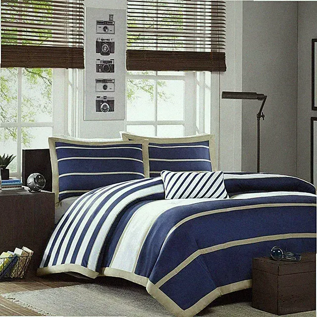 ~ NEW! ~ COZY MODERN SPORTY BLUE NAVY GREY WHITE TAN STRIPE BOYS COMFORTER SET