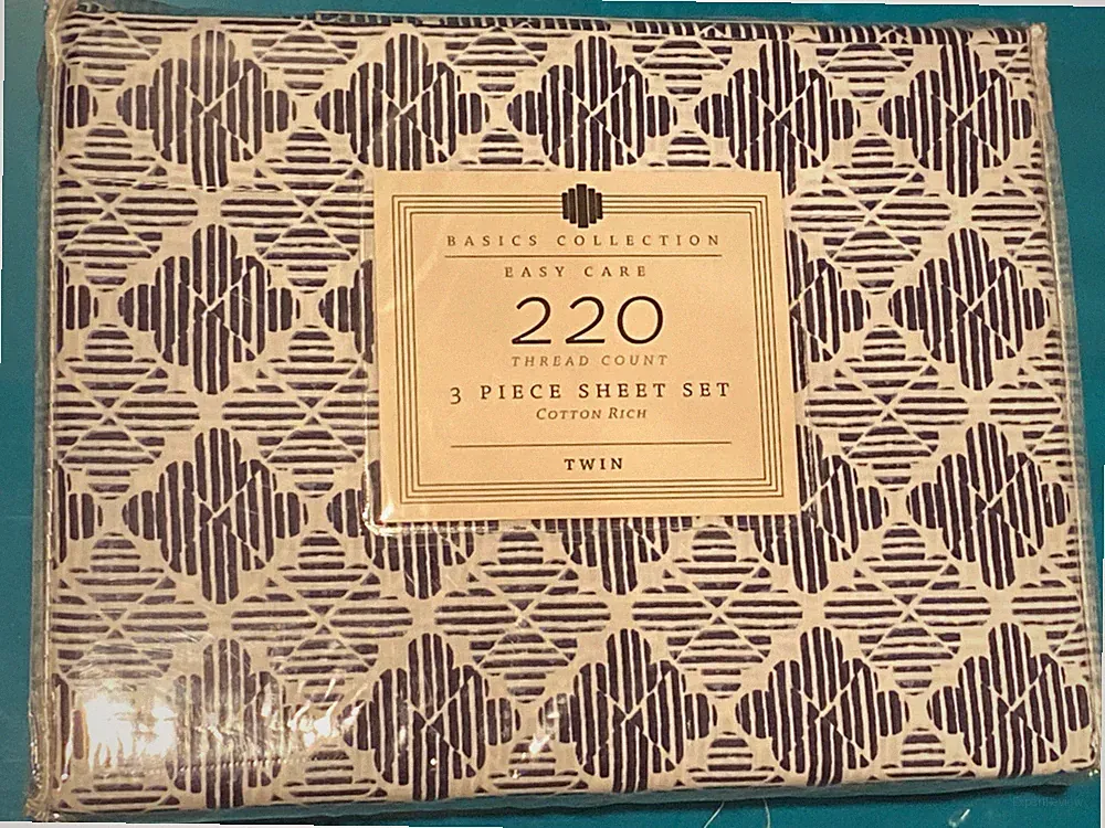 New Twin Sheet Set Blue White Geometric Pretty 220 Thread 3-Piece Basics Collect