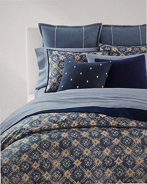 RALPH LAUREN WALKER Indigo Blue & Cream Cotton KING Duvet Cover SET ~ NEW