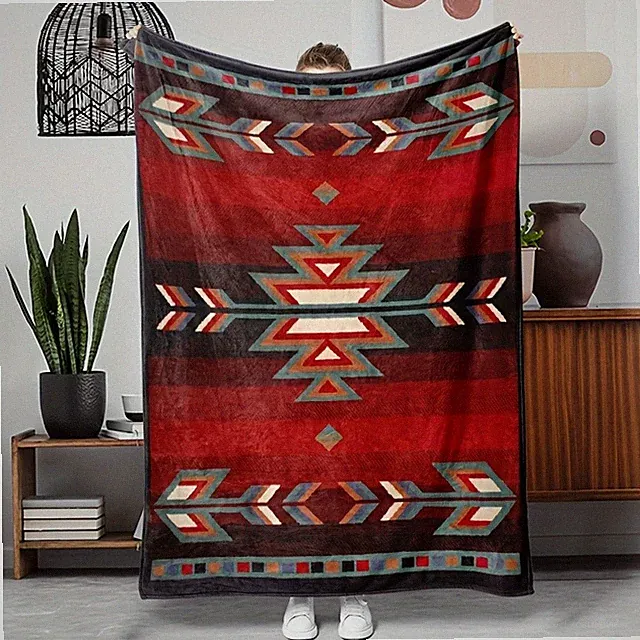 Red Black Navajo Style Aztec Geometric Arrow Tribal Fleece Throw Blanket