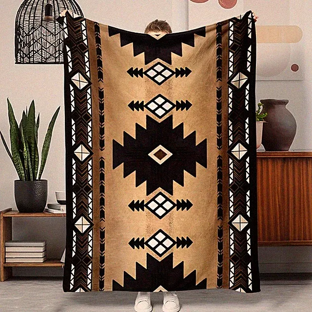 Tan Black Southwest Navajo Diamond Arrow Geometric Tribal Fleece Throw Blanket