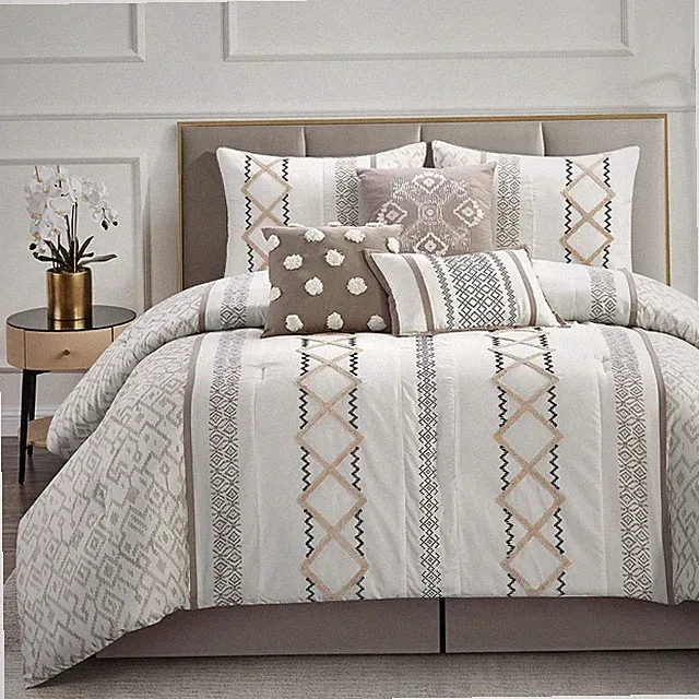 Taupe Queen Comforter Set 7 Piece Geometric Embroidered Bedding Set