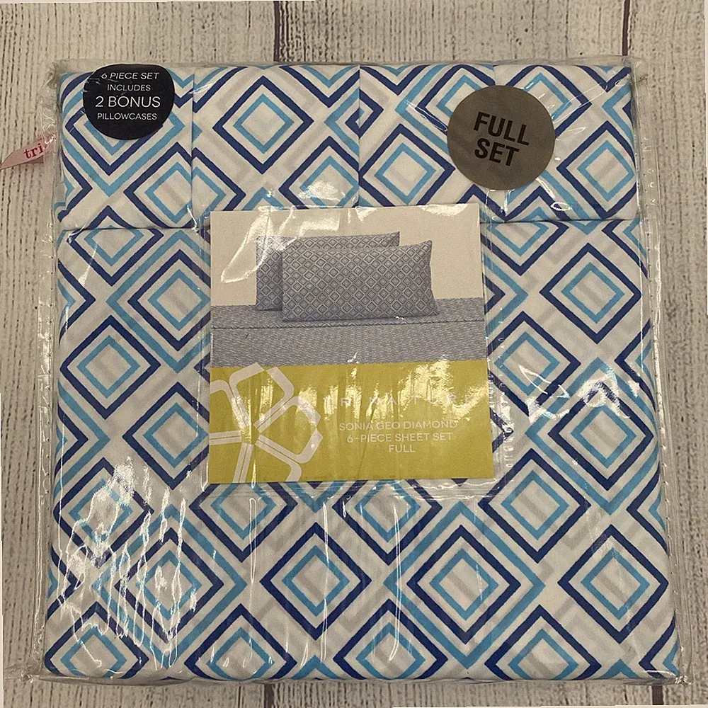 Trina Turk Sheet Set FULL White Blue Sonia Geo Diamond Geometric Colorful Modern