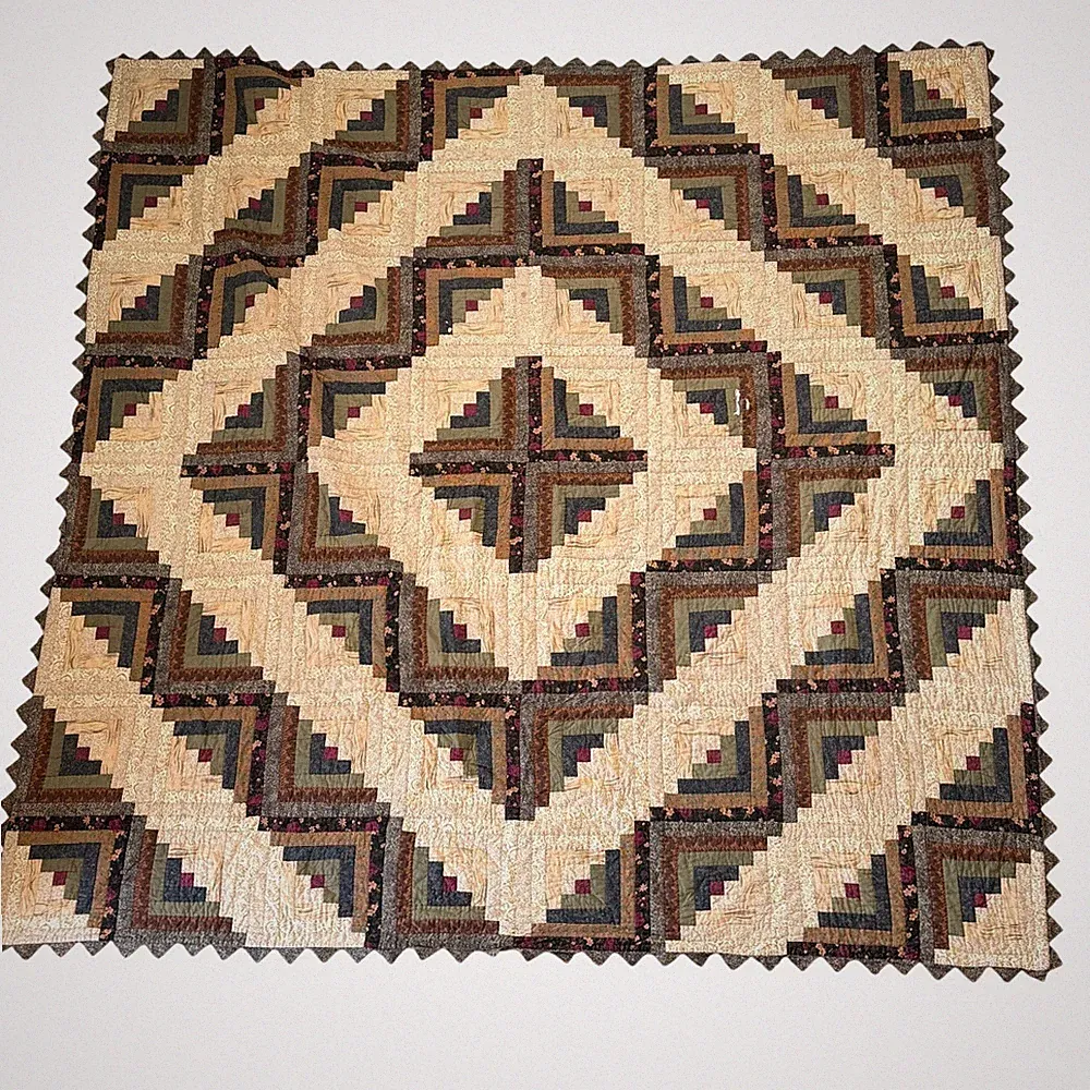 Vtg Donna Sharp Log Cabin Patchwork Quilt 100x102 Sawtooth Edge Primitive Floral