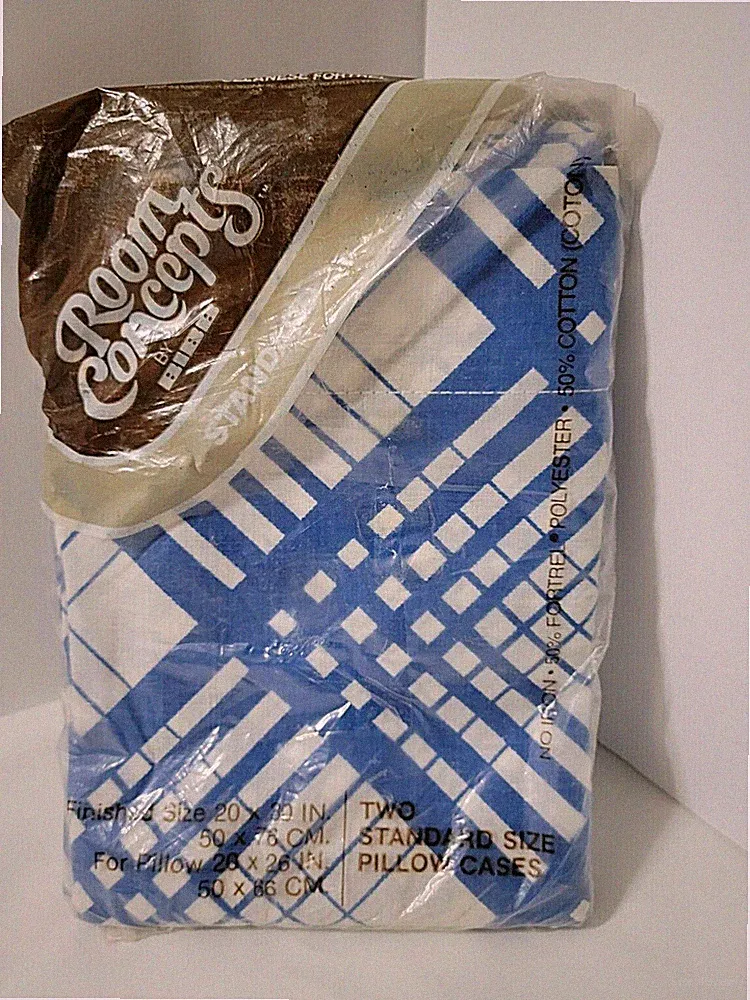 Vtg SEALED Geometric Pillowcases Navy Royal Blue White 2 Standard Size BIBB